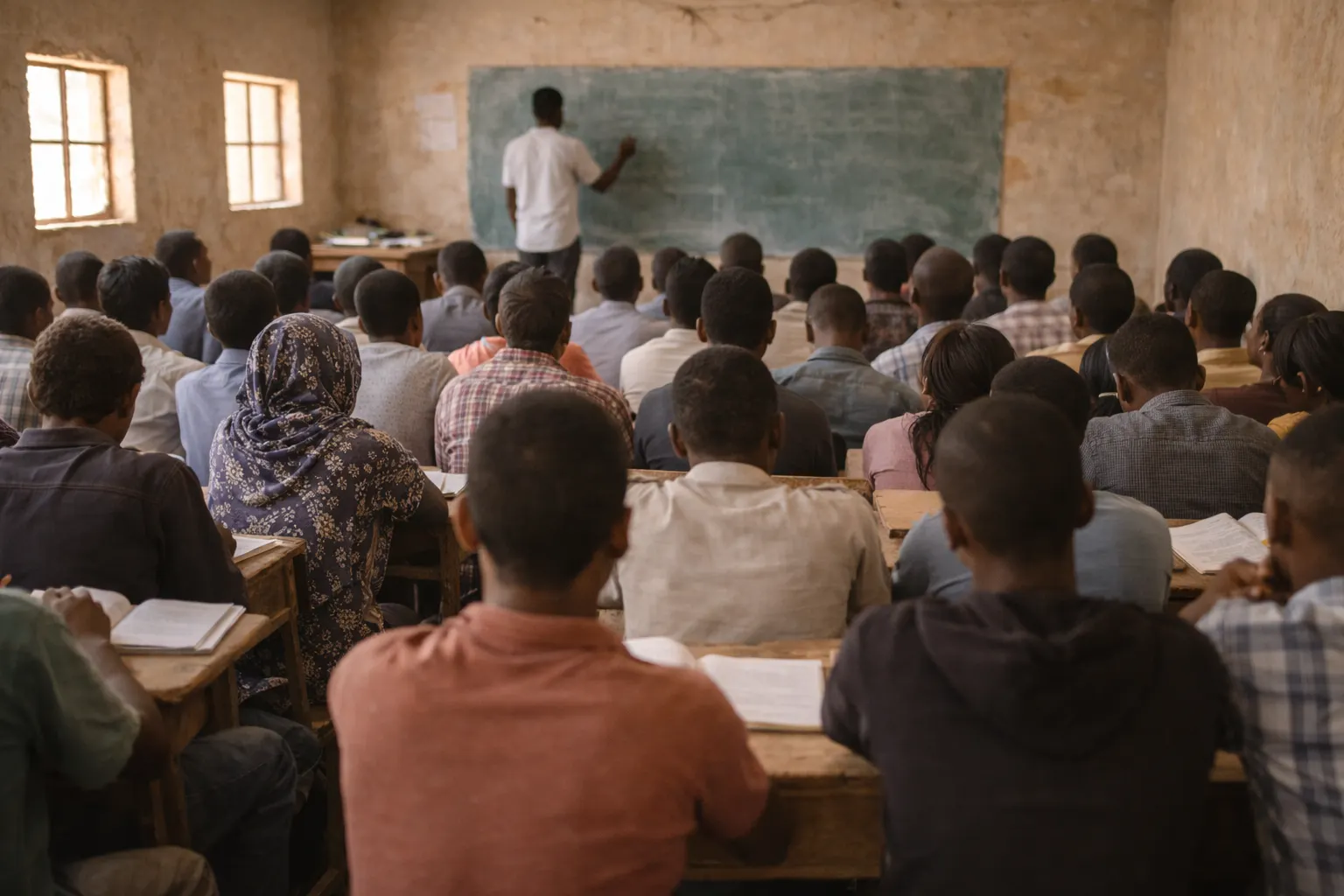 Overcrowded classroom with limited infrastructure