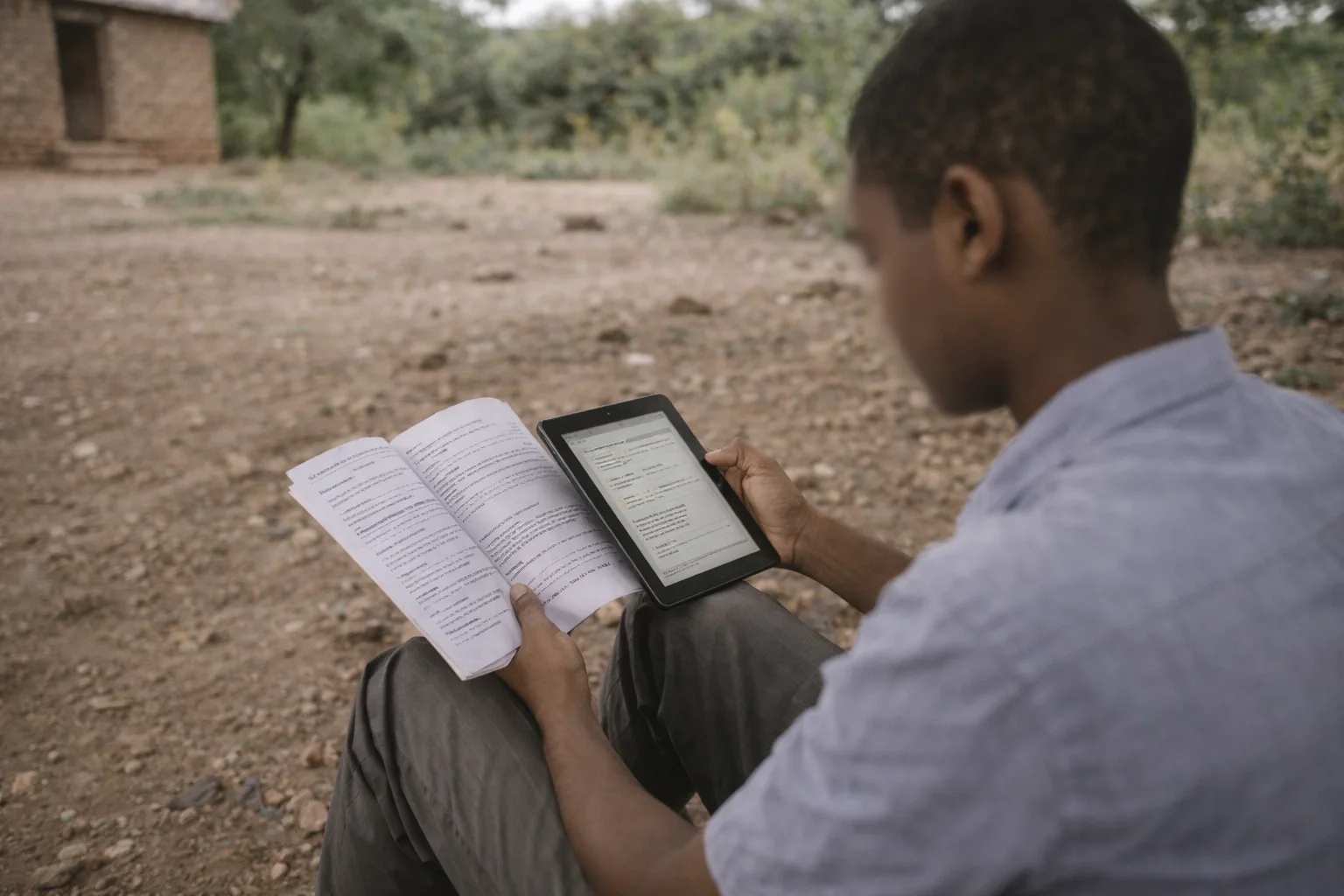 Child studying outdoors using a tablet