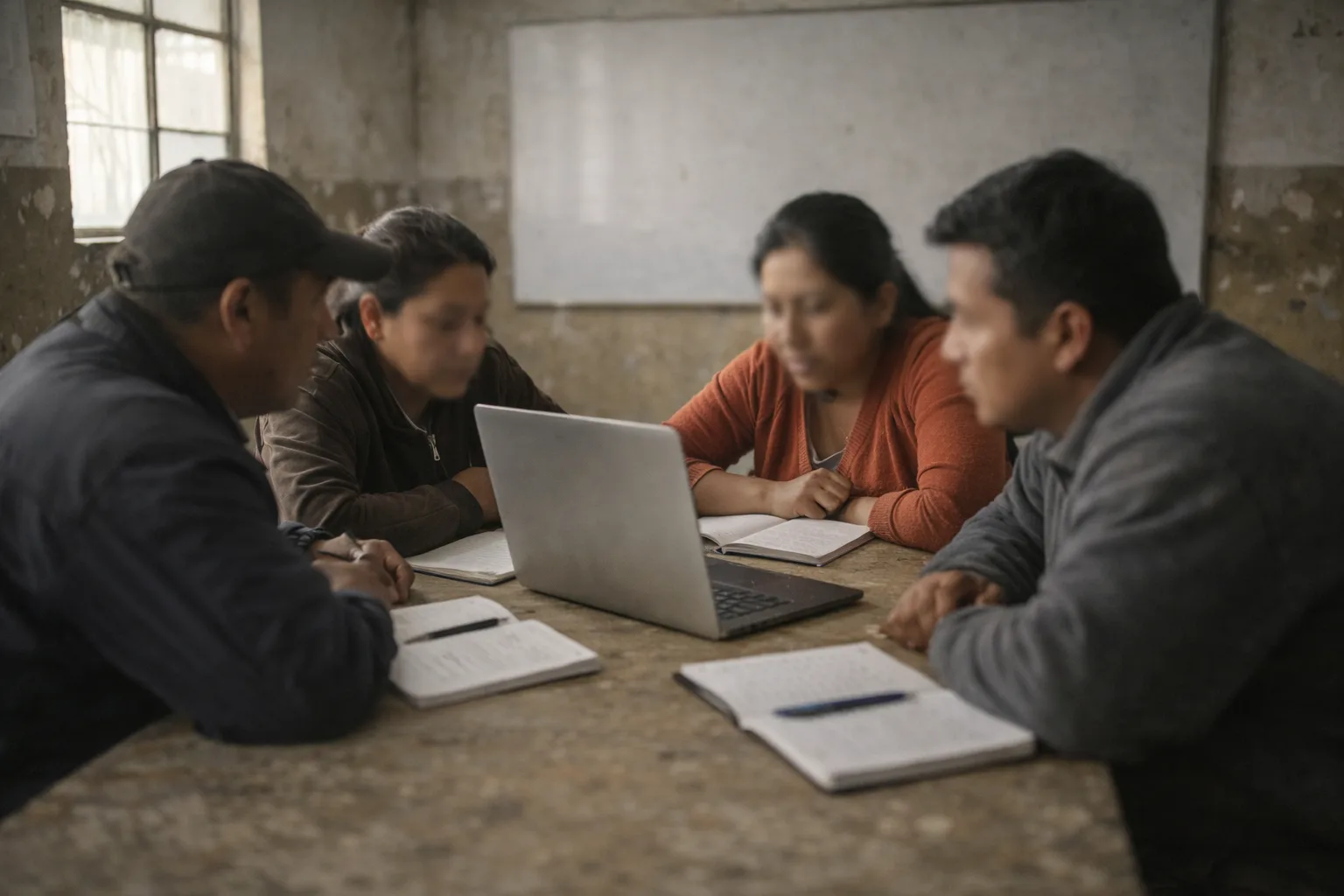 Students learning together in a rural environment using a laptop